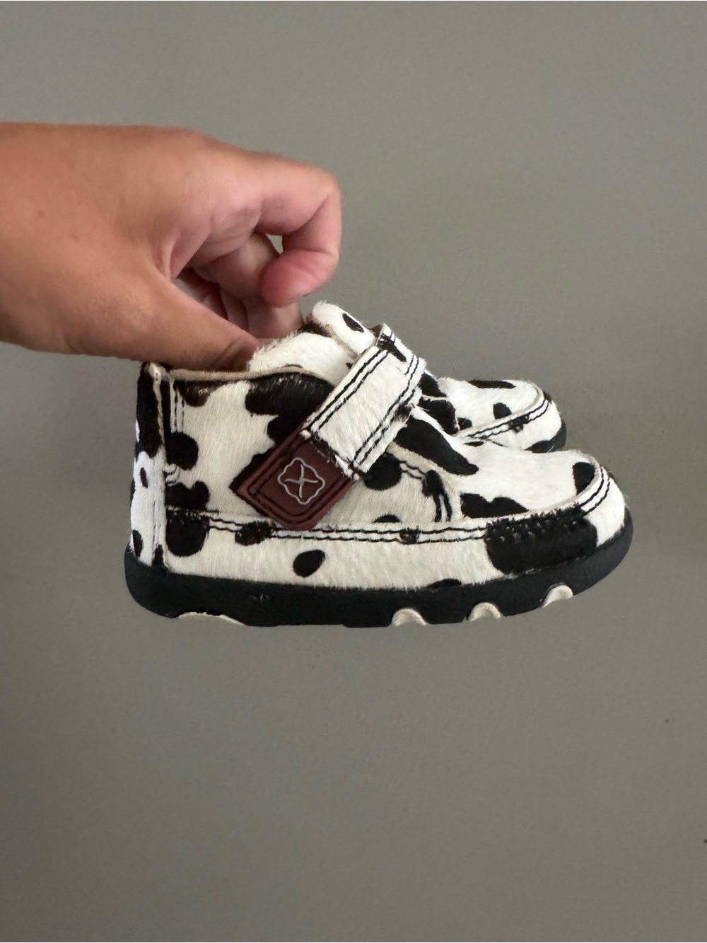 Twisted X Kids Cow-Print Hook-and-Loop Shoes in Black & White
